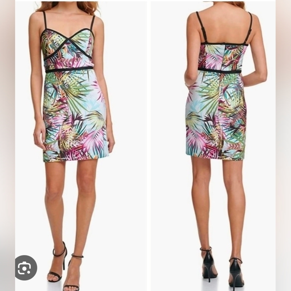 Guess Women’s Scuba Tropical Print Contrast Trim Bodycon Dress 12 - Picture 1 of 8